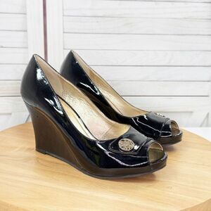 Lilly Pulitzer Patent Leather Peep Toe Wedge Heels Black 36.5 US 6